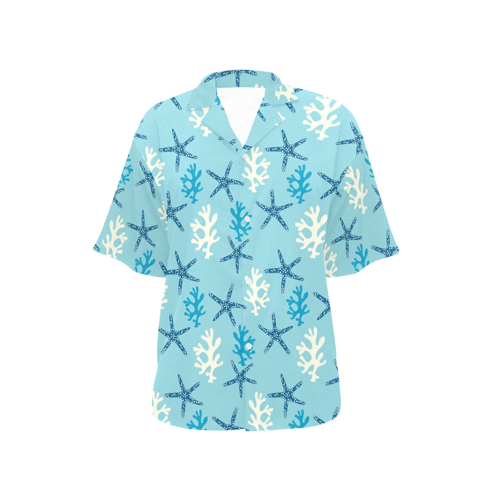 Blue starfish coral reef pattern Women's All Over Print Hawaiian Shirt