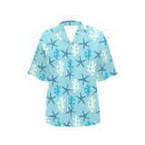 Blue starfish coral reef pattern Women's All Over Print Hawaiian Shirt