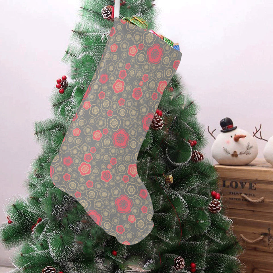 Red gold Sakura cherry blossom gray background Christmas Stocking