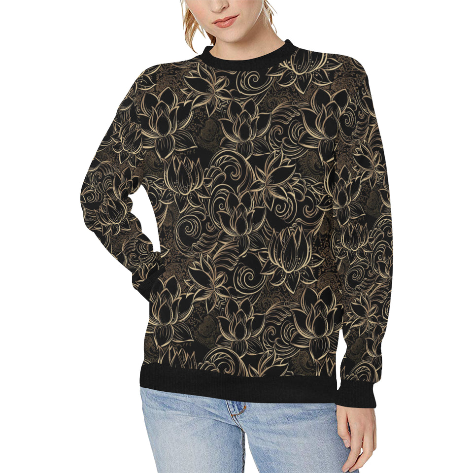 luxurious gold lotus waterlily black background Women's Crew Neck Sweatshirt