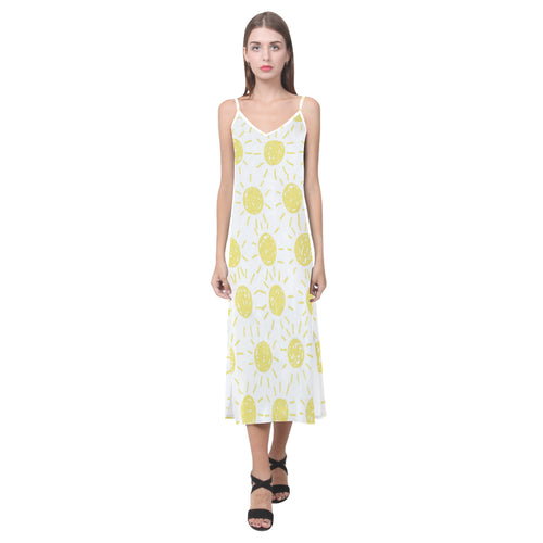 hand drawn sun pattern V-Neck Open Fork Long Dress
