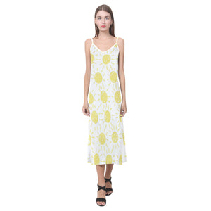 hand drawn sun pattern V-Neck Open Fork Long Dress