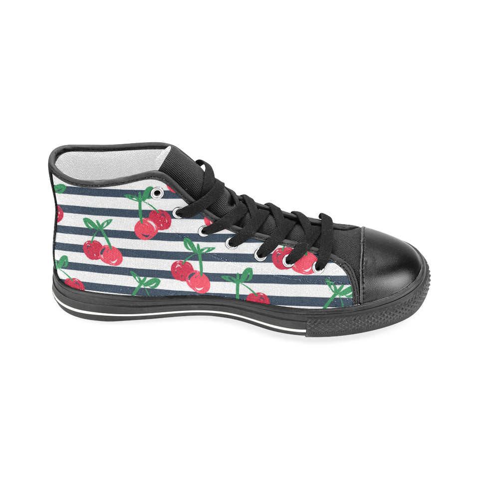 Hand drawn cherry pattern striped background Men's High Top Canvas Shoes Black
