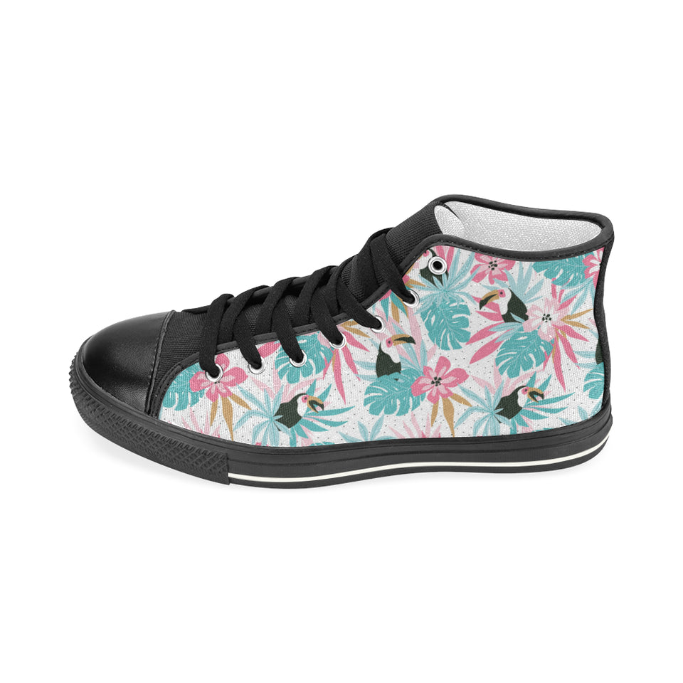 Toucan tropical flower leave pattern Women's High Top Canvas Shoes Black