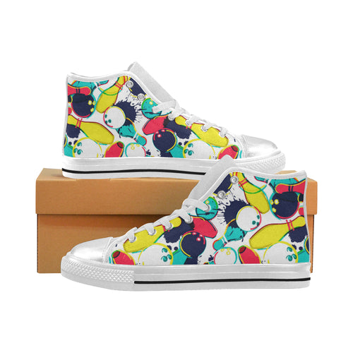 watercolor bowling ball pins Women's High Top Canvas Shoes White