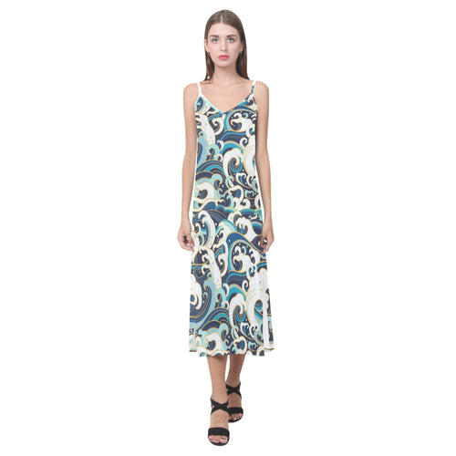 Japanese wave pattern V-Neck Open Fork Long Dress
