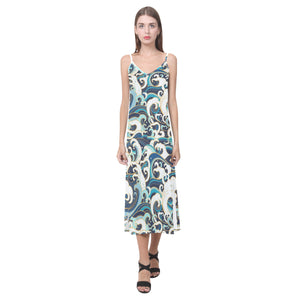 Japanese wave pattern V-Neck Open Fork Long Dress