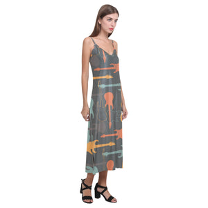 electric guitars pattern V-Neck Open Fork Long Dress