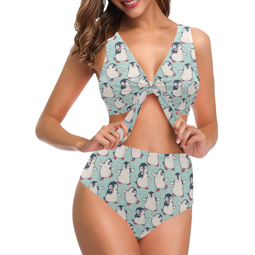 Cute Penguin pattern Chest Bowknot High Waisted Bikini Swimsuit