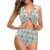 Cute Penguin pattern Chest Bowknot High Waisted Bikini Swimsuit