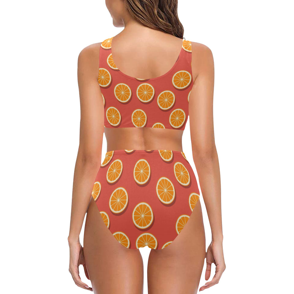 Oranges pattern red background Chest Bowknot High Waisted Bikini Swimsuit