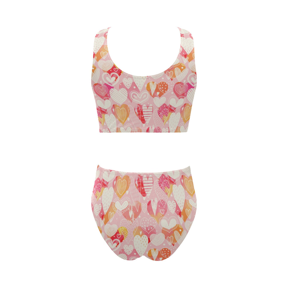 Hand drawn heart design pattern Chest Bowknot High Waisted Bikini Swimsuit