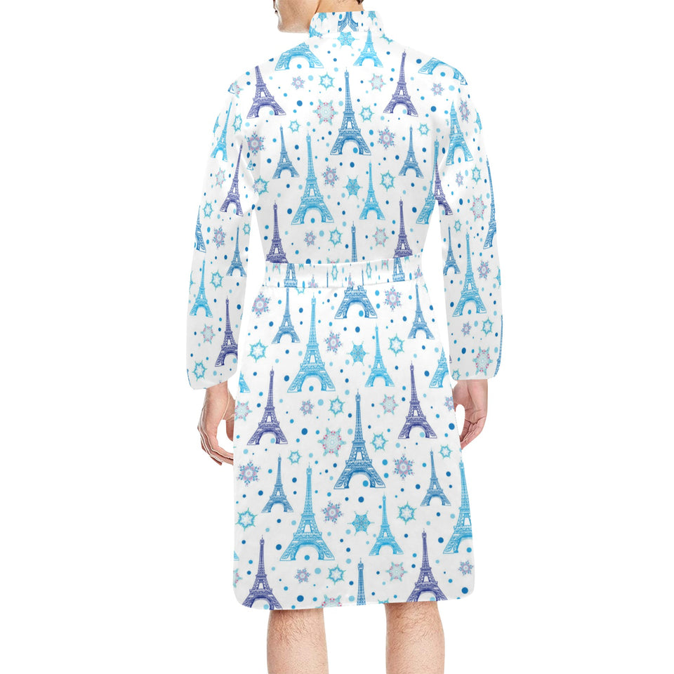 Blue Eiffel Tower Theme Pattern Print Design 01 Men's Long Sleeve Belted Night Robe