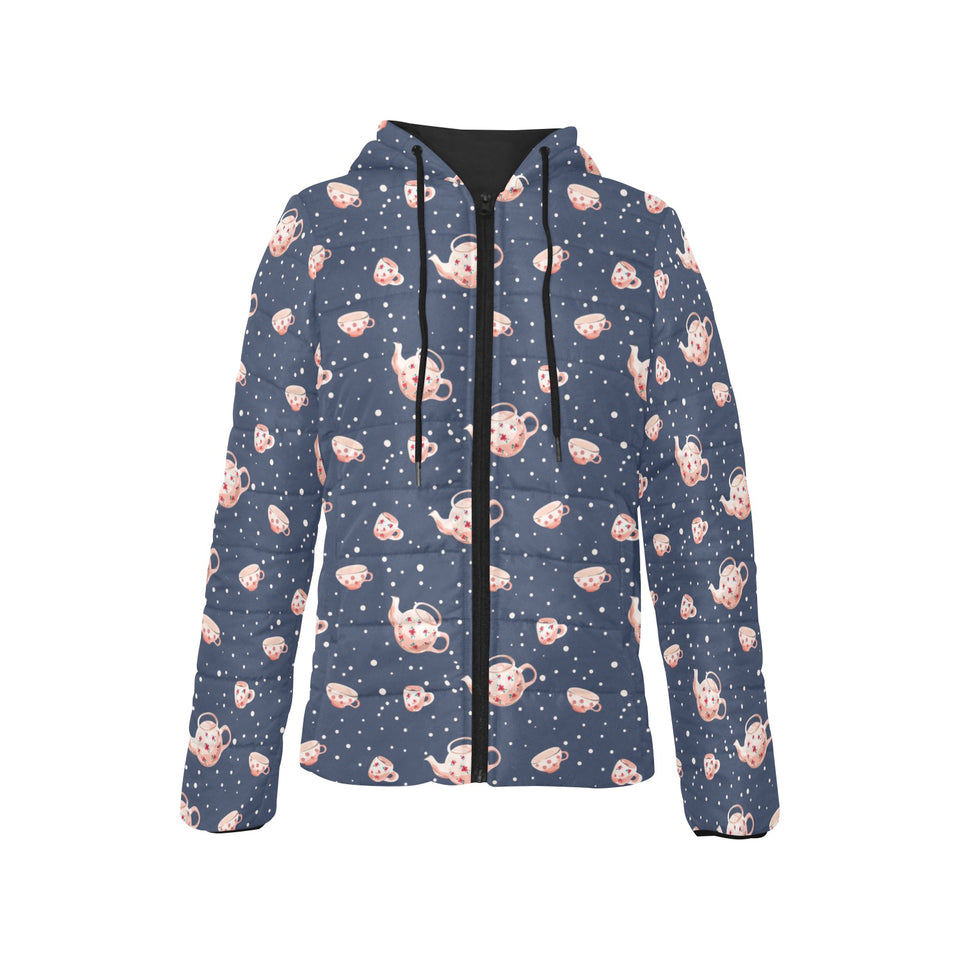 Tea pots Pattern Print Design 04 Women's Padded Hooded Jacket