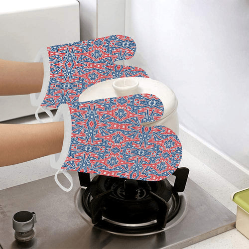 Blue Red Eiffel Tower Pattern Print Design 02 Heat Resistant Oven Mitts
