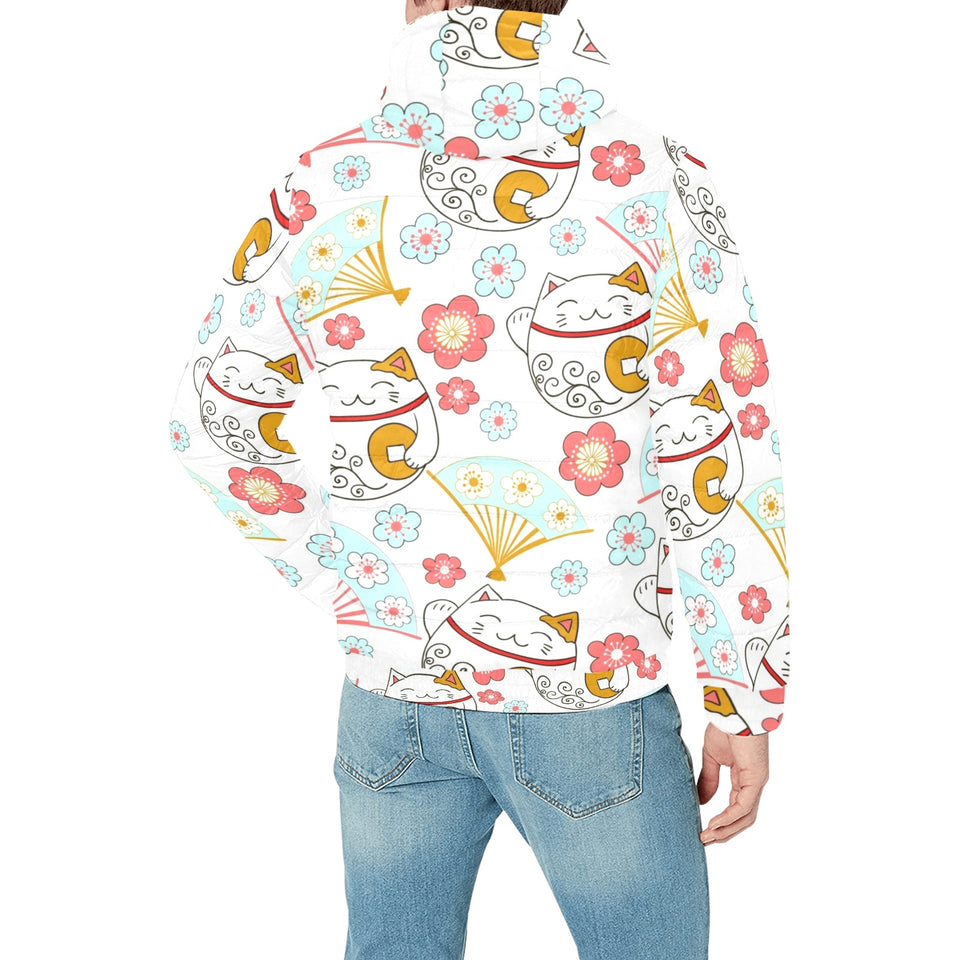 Maneki neko cat fan sakura Men's Padded Hooded Jacket