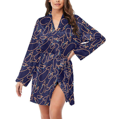 Eggplant Pattern Print Design 04 Women's Long Sleeve Belted Night Robe