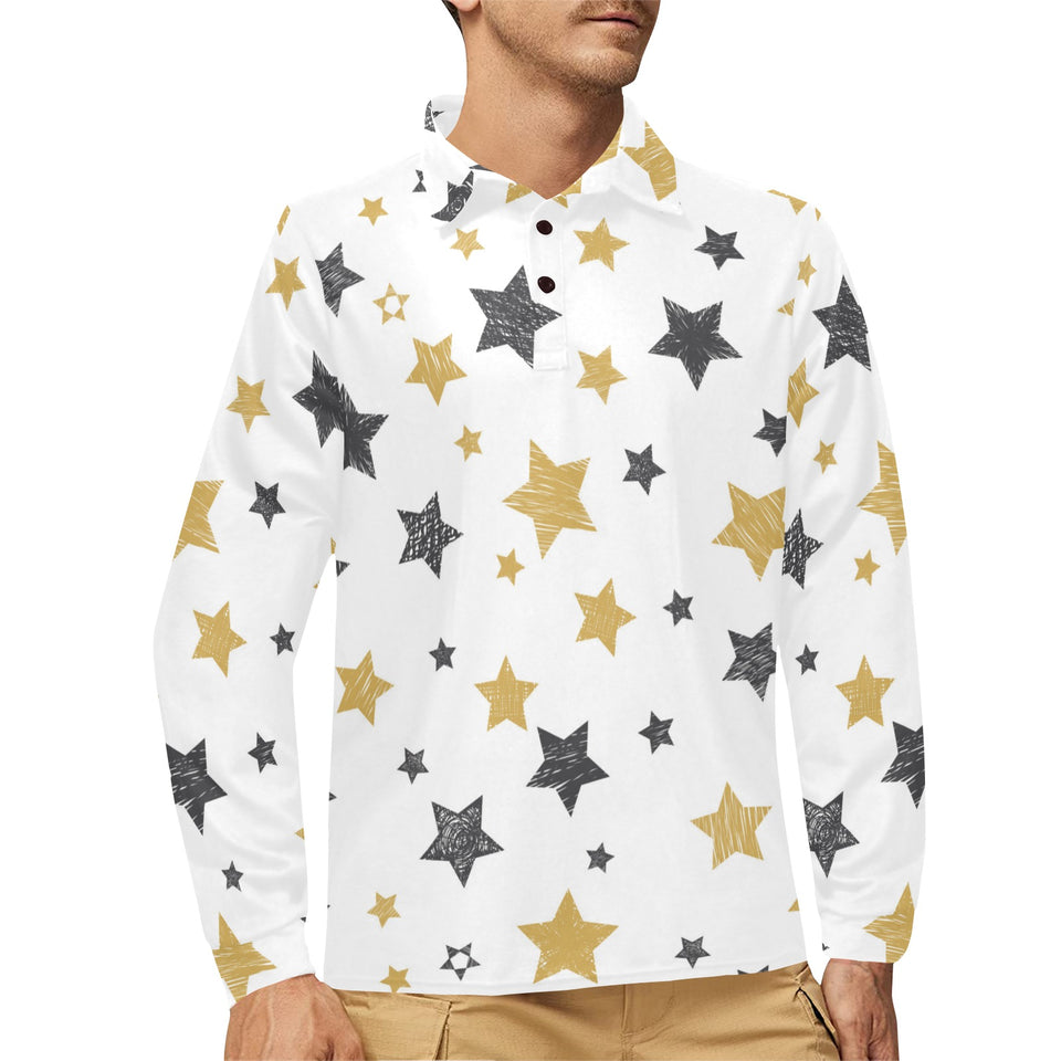 hand drawn gold black star pattern Men's Long Sleeve Polo Shirt