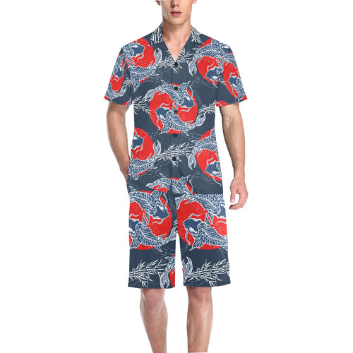 Koi Fish Carp Fishs hand drawn japanese art Men's V-Neck Short Pajama Set