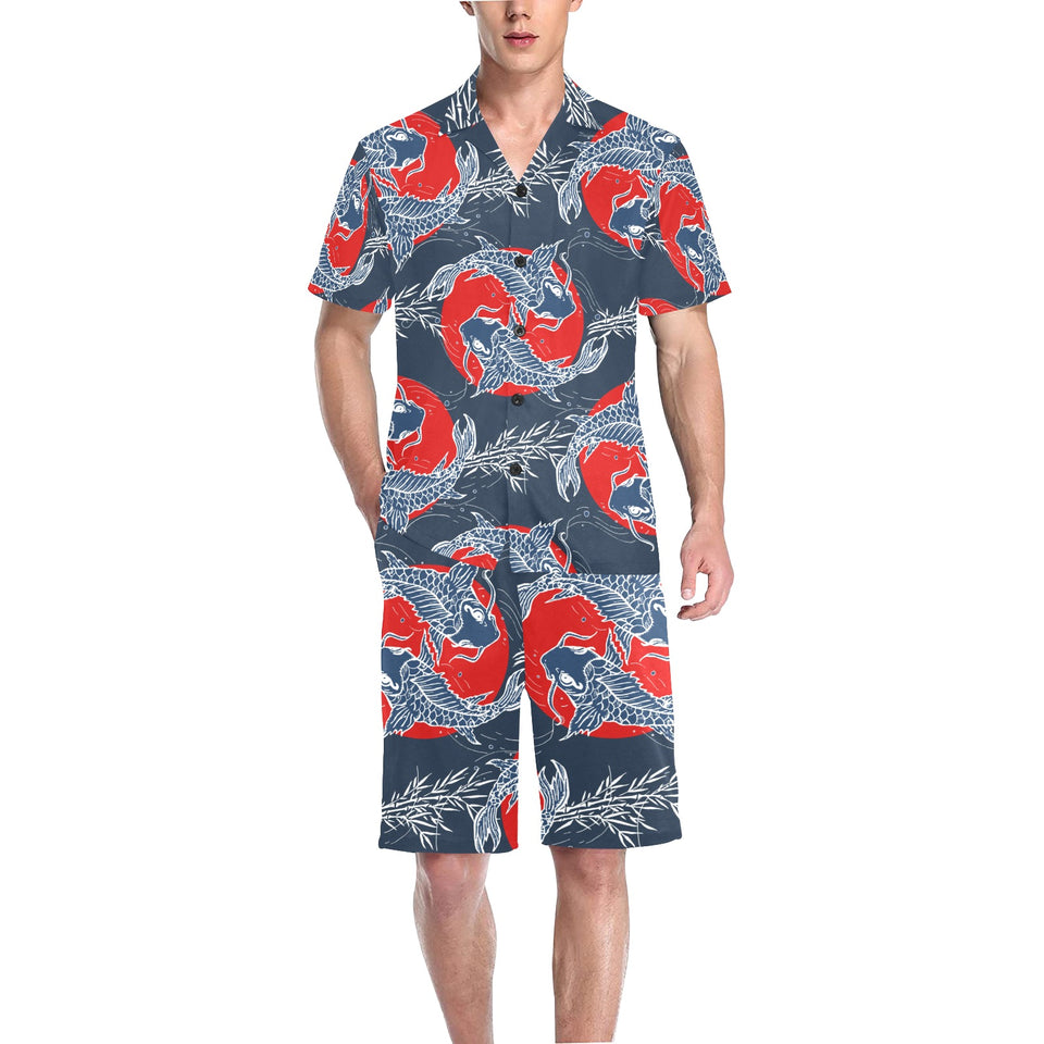 Koi Fish Carp Fishs hand drawn japanese art Men's V-Neck Short Pajama Set