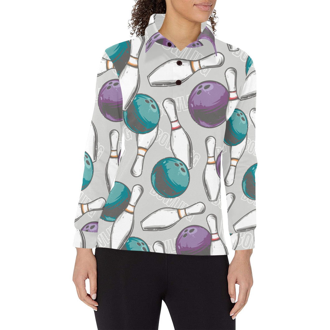Bowling ball and pin gray background Women's Long Sleeve Polo Shirt