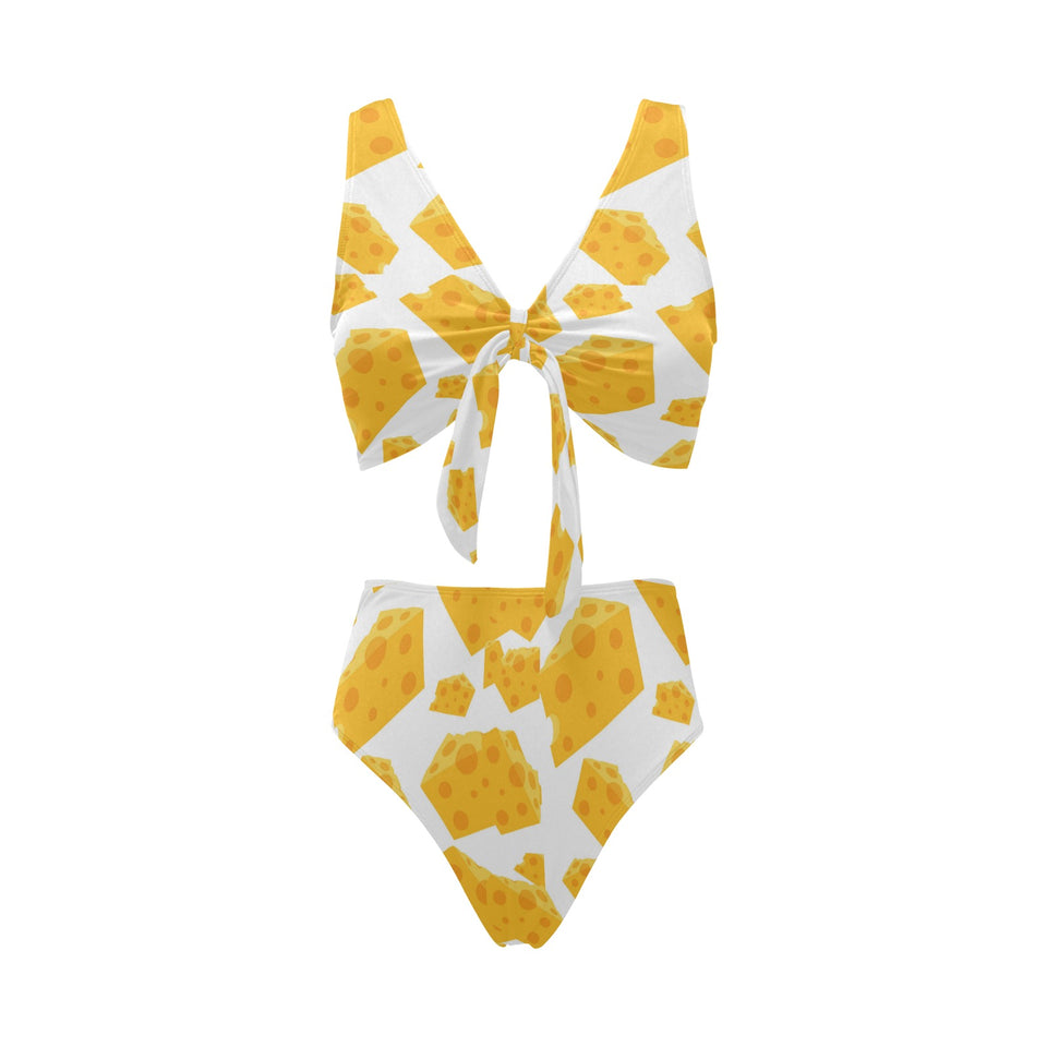 Cheese slice pattern Chest Bowknot High Waisted Bikini Swimsuit