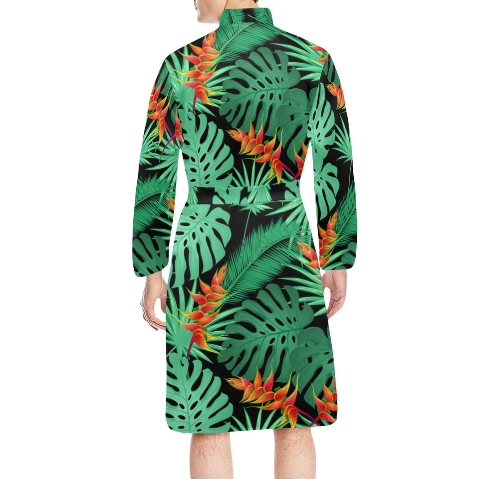 heliconia flower palm monstera leaves black backgr Men's Long Sleeve Belted Night Robe