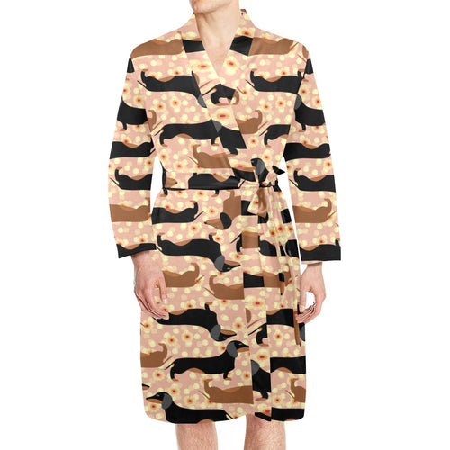 Dachshund floral background Men's Long Sleeve Belted Night Robe