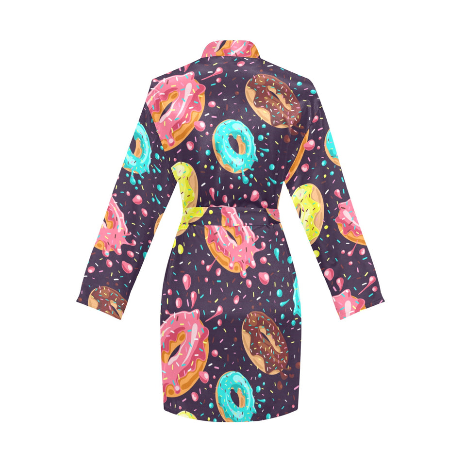 Colorful donut glaze pattern Women's Long Sleeve Belted Night Robe
