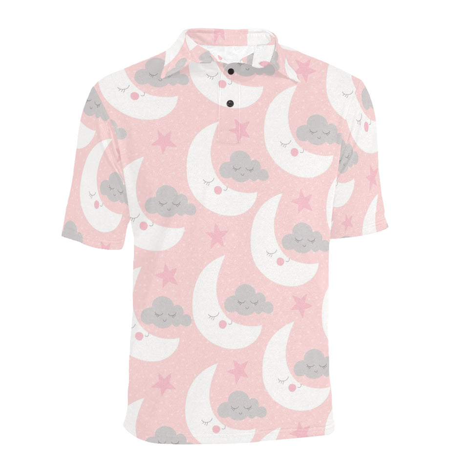 Cute moon cloud star pattern pink dot background Men's All Over Print Polo Shirt