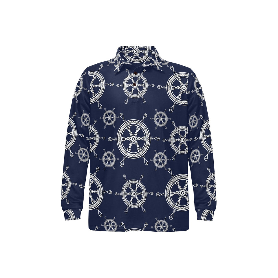 nautical steering wheel design pattern Men's Long Sleeve Polo Shirt