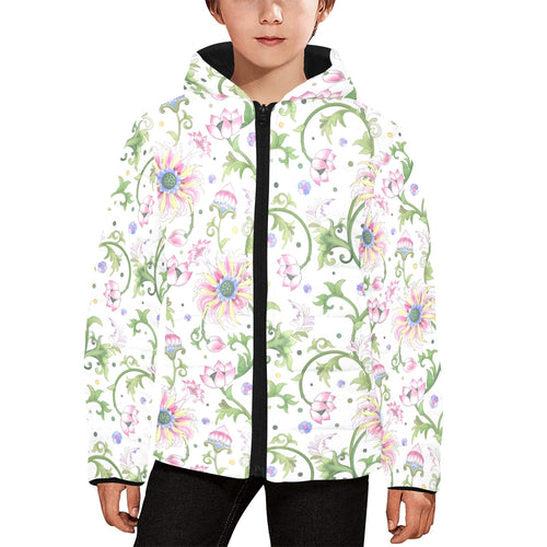 Beautiful pink lotus waterlily leaves pattern Kids' Boys' Girls' Padded Hooded Jacket