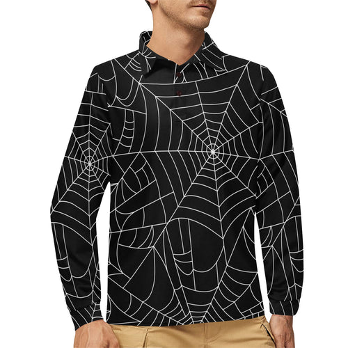 Spider web pattern Black background white cobweb Men's Long Sleeve Polo Shirt