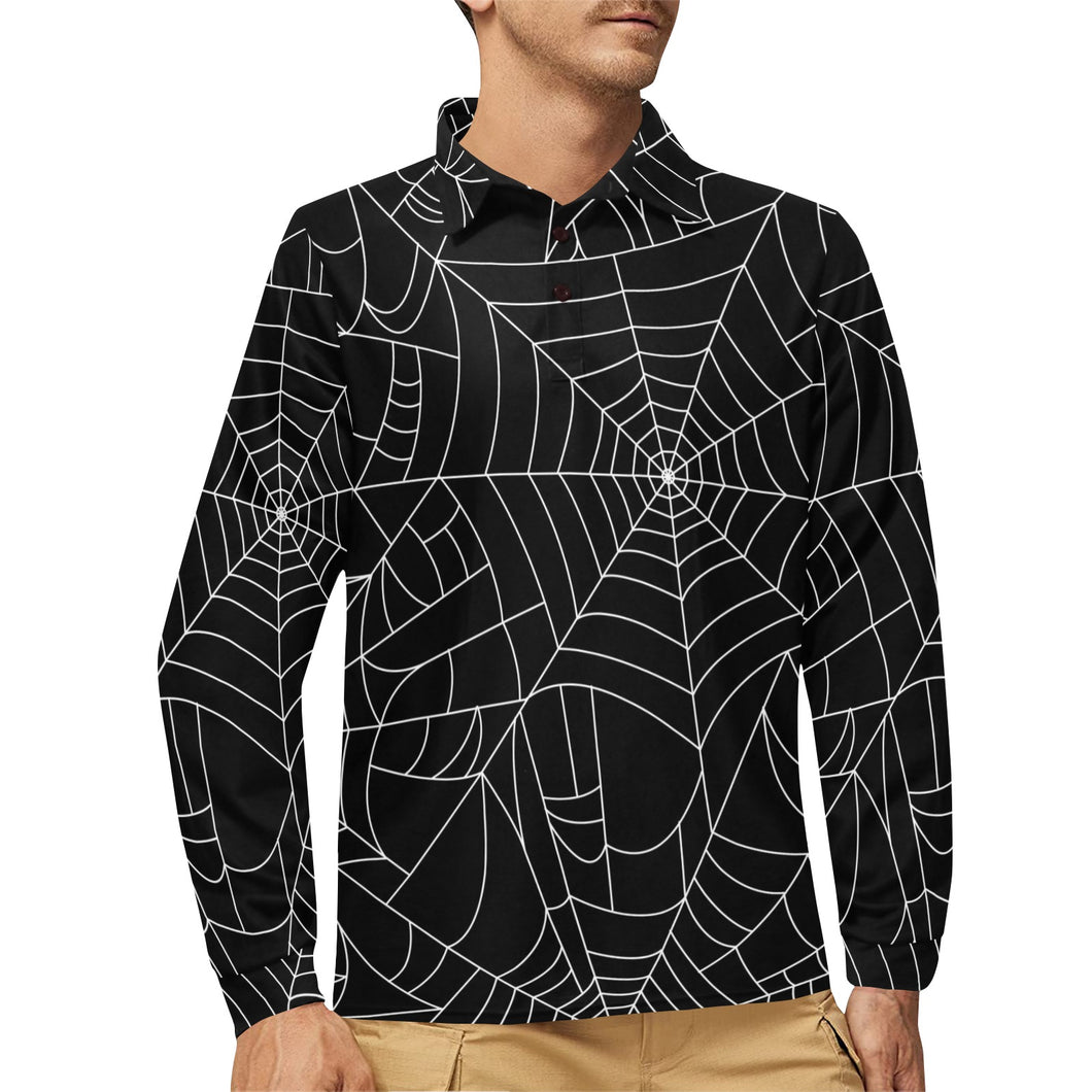 Spider web pattern Black background white cobweb Men's Long Sleeve Polo Shirt