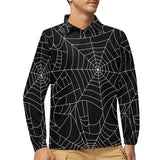 Spider web pattern Black background white cobweb Men's Long Sleeve Polo Shirt
