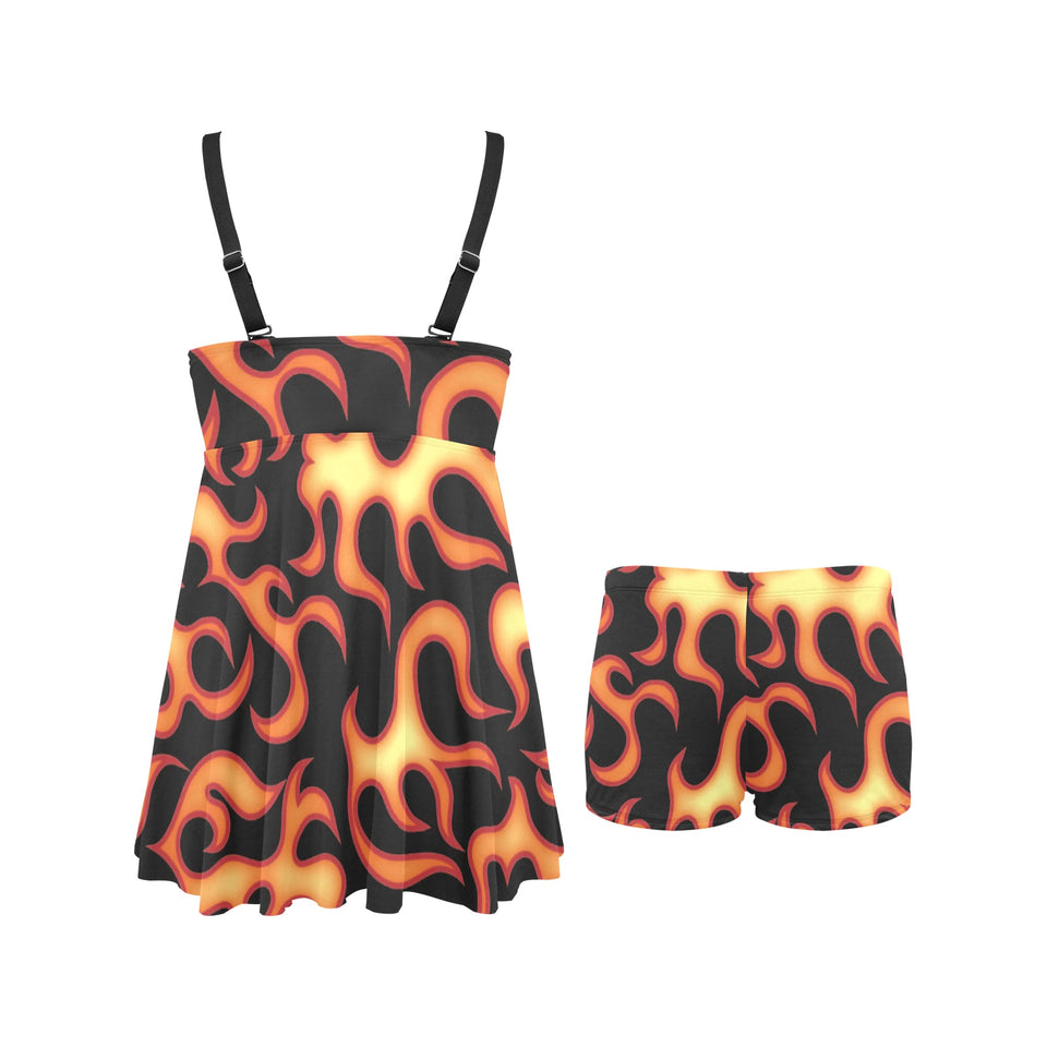 Fire flame dark pattern Chest Sexy Pleated Two Piece Swim Dress