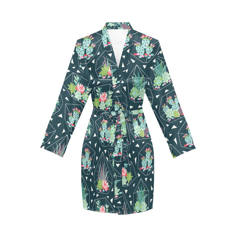 Cactus glass terrarium pattern Women's Long Sleeve Belted Night Robe