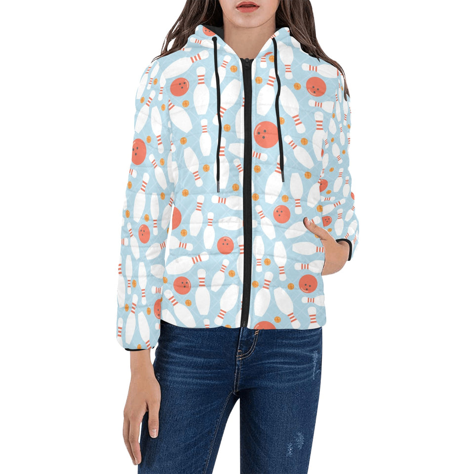 Bowling ball bowling pins blue blackground Women's Padded Hooded Jacket