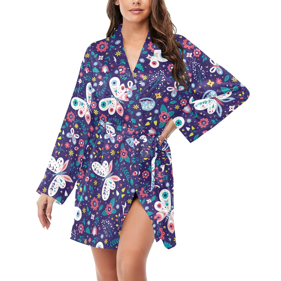 Colorful butterfly flower pattern.eps Women's Long Sleeve Belted Night Robe