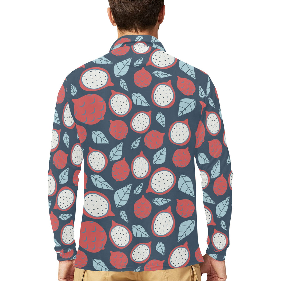 dragon fruits dark blue background Men's Long Sleeve Polo Shirt