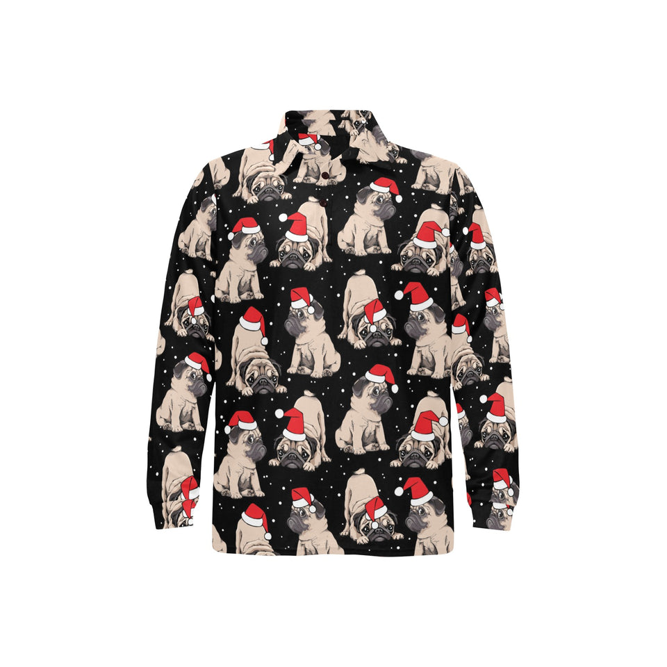 Christmas Pugs Santa_s red cap pattern Men's Long Sleeve Polo Shirt