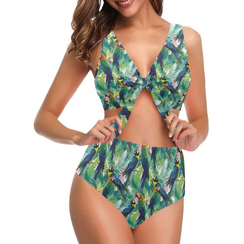 Colorful parrot exotic flower leaves Chest Bowknot High Waisted Bikini Swimsuit