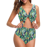 Colorful parrot exotic flower leaves Chest Bowknot High Waisted Bikini Swimsuit