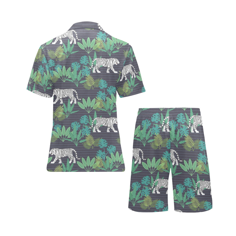 white bengal tigers tropical plant Men's V-Neck Short Pajama Set