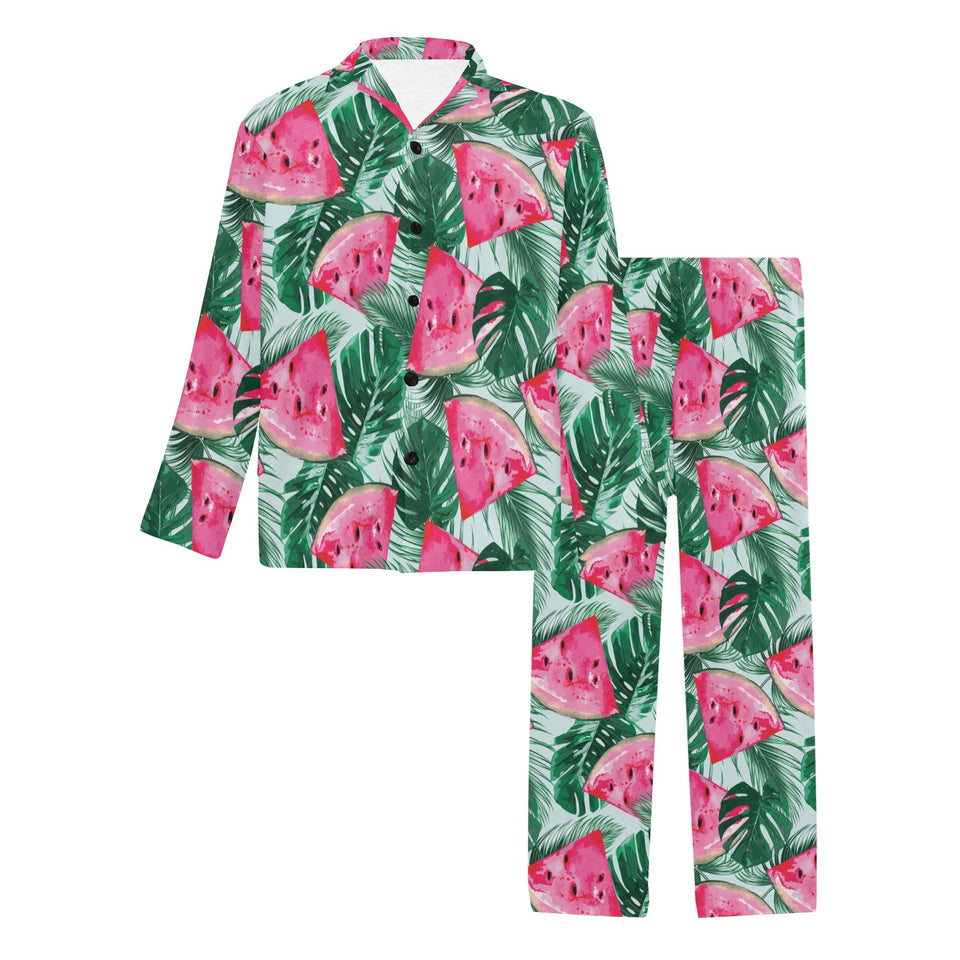 Watermelons tropical palm leaves pattern Men's Long Pajama Set