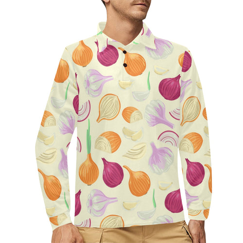 Onion garlic white red pattern Men's Long Sleeve Polo Shirt