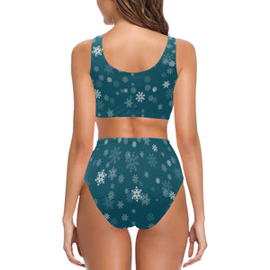 Snowflake pattern dark background Chest Bowknot High Waisted Bikini Swimsuit