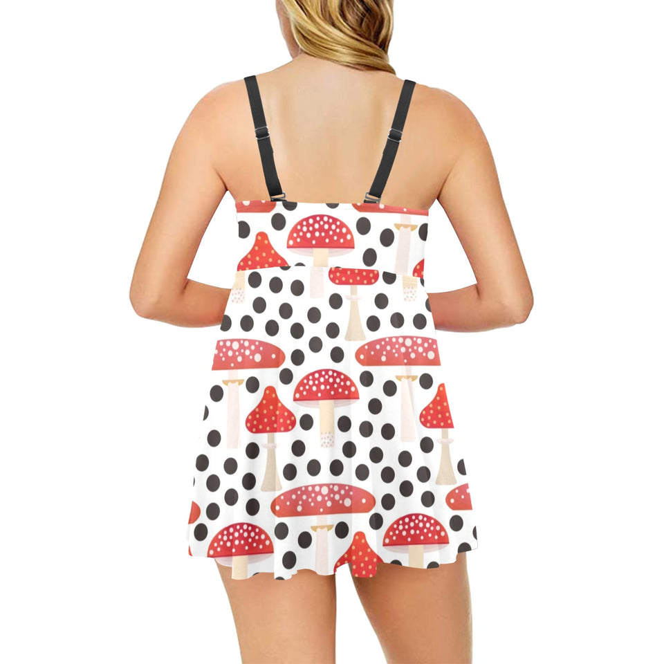 Red mushroom dot pattern Chest Sexy Pleated Two Piece Swim Dress