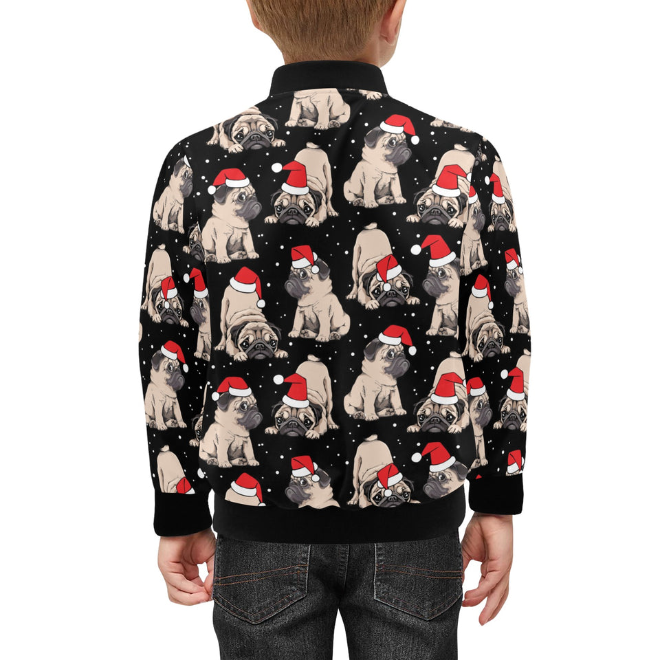 Christmas Pugs Santa_s red cap pattern Kids' Boys' Girls' Bomber Jacket