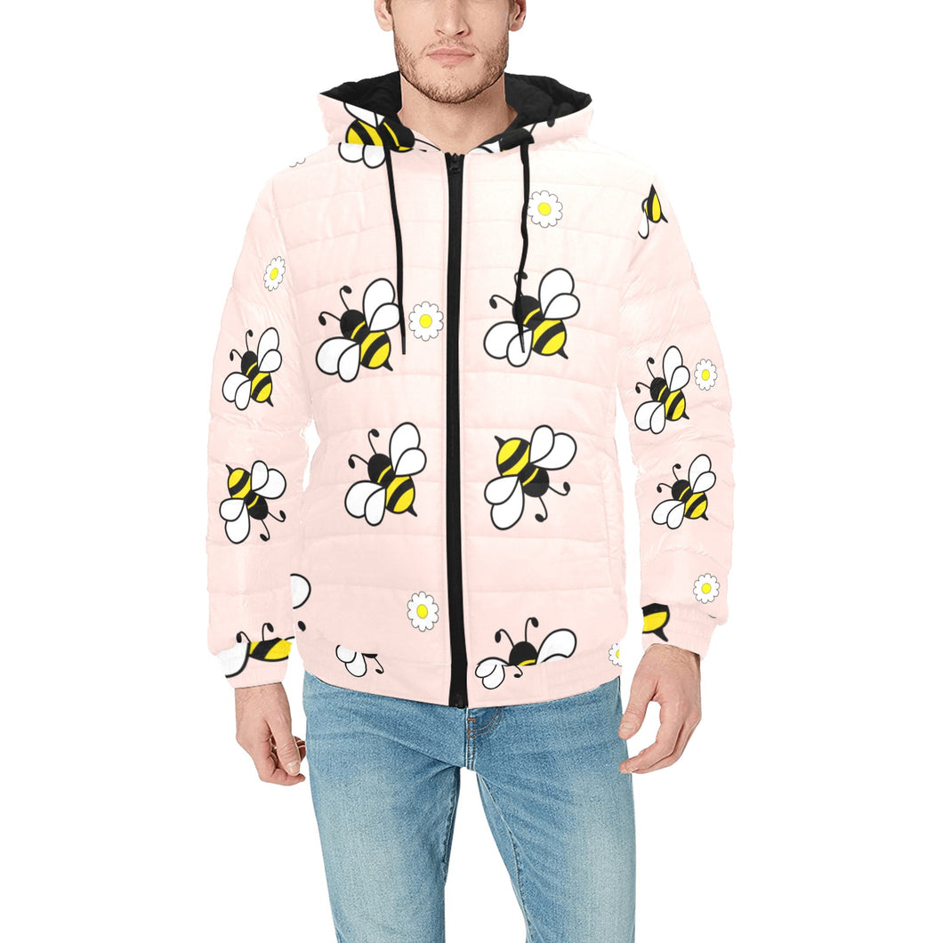 Cute bee flower pattern pink background Men's Padded Hooded Jacket